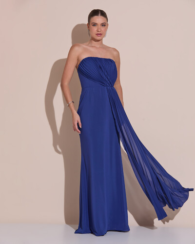 Foto Vestido de Festa Longo Tomara Que Caia Crepe Chiffon Plissado Lenço Azul Marinho