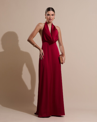 Foto Vestido de Festa Longo Frente Única Degagê Cetim Fluido Marsala