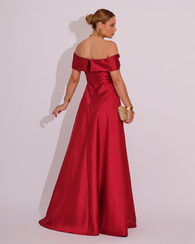 FotoVestido de Festa Longo Ombro a Ombro Laço Zibeline com Fenda Marsala