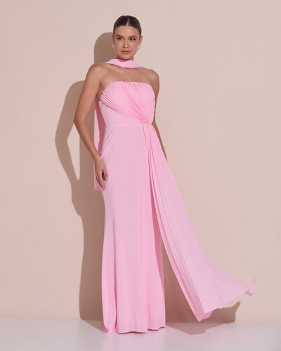 Foto Vestido de Festa Longo Tomara Que Caia Crepe Chiffon Plissado Lenço Rosa Claro