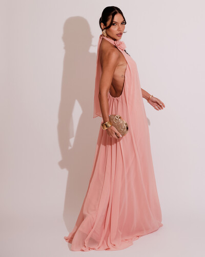 FotoVestido Longo Crepe Frente Única Fluido Flor Removível Rosa