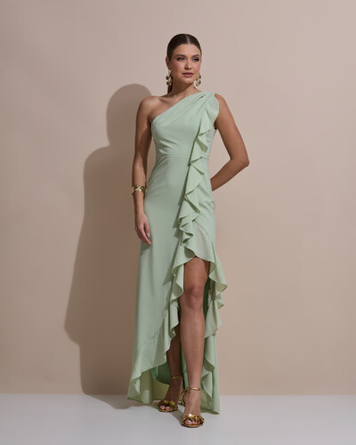 Foto Vestido de Festa Midi Um Ombro Só Crepe Chiffon Babados Cascata Fenda Verde Menta New