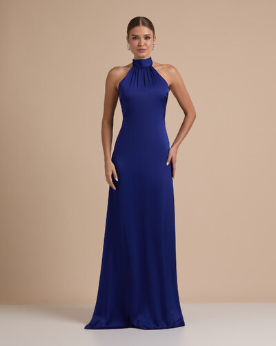 Foto Vestido de Festa Gola Alta com Decote nas Costas Acetinado Azul Royal New