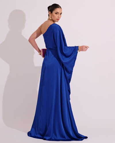 FotoVestido Longo de Cetim Fluido uma Manga e Detalhe Torcido Azul Royal