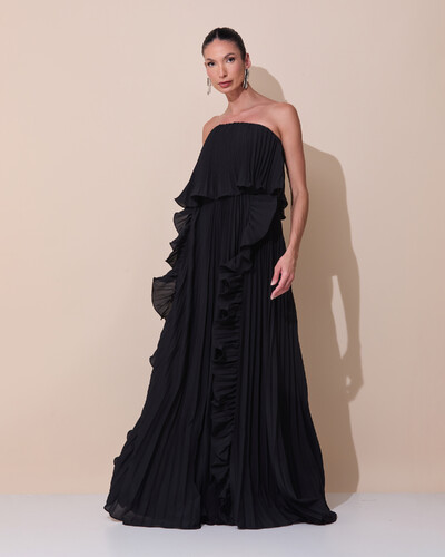 Foto Vestido de Festa Longo Crepe Chiffon Tomara que Caia Plissado com Babado Cascata Preto