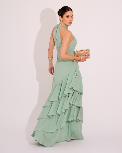 FotoVestido de Festa Longo Decote Halter com Babados Verde Menta
