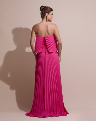 FotoVestido de Festa Longo Crepe Chiffon Tomara que Caia Plissado com Babado Cascata Pink New