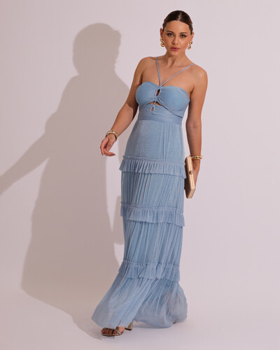 Foto Vestido de Festa Longo Tule com Saia Babado Azul Serenity