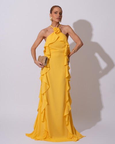 Foto Vestido de Festa Longo Crepe Chiffon Frente Única Babados Cascata e Flor Amarelo
