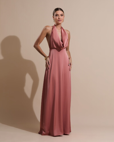 Foto Vestido de Festa Longo Frente Única Degagê Cetim Fluido Rosa Blush