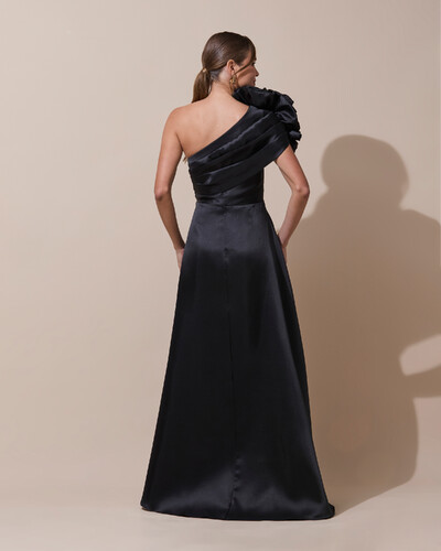 FotoVestido de Festa Longo Zibeline um Ombro Só Flor Drapeado Preto