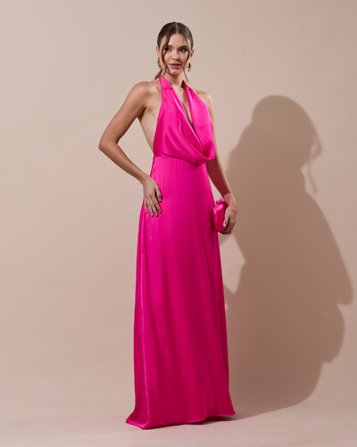 Foto Vestido de Festa Longo Frente Única Degagê Cetim Fluido Pink