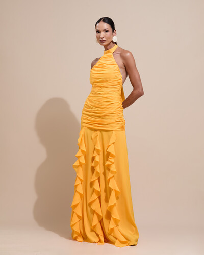 Foto Vestido de Festa Longo Frente Única Crepe Chiffon Drapeado Babados Cascata Laranja Manga New