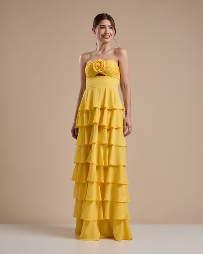 Foto Vestido Longo Crepe Chiffon Tomara que Caia Plissado em Camadas Amarelo