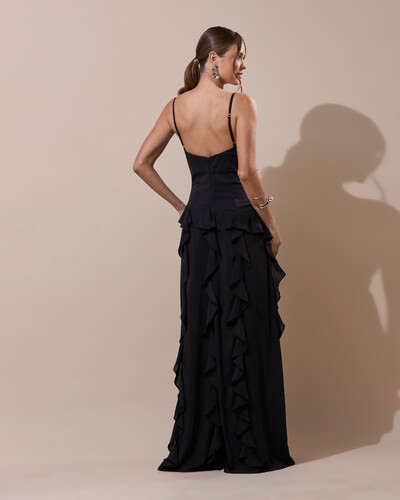 Foto Vestido de Festa Longo Decote V Crepe Chiffon Babados Cascata e Fenda Preto