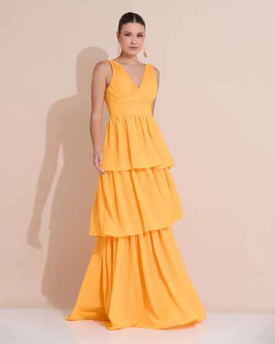 Foto Vestido de Festa Longo Decote V Crepe Chiffon Plissado Camadas Babado Laranja Manga New