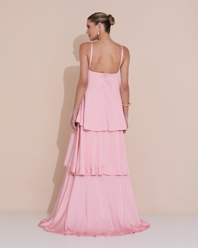 Foto Vestido de Festa Longo Decote Reto Alças Finas Cetim Camadas Rose Gold