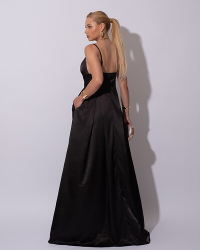 FotoVestido de Festa Longo Cetim Decote em V e Fenda Preto