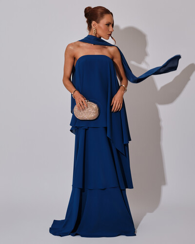 Foto Vestido de Festa Longo Chiffon Crepe em Camadas com Lenço Azul Royal