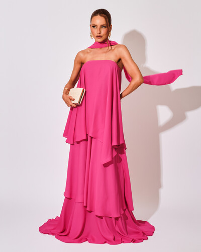 Foto Vestido de Festa Longo Chiffon Crepe em Camadas com Lenço Pink