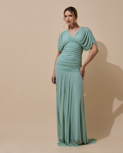 Foto Vestido de Festa Longo Tule Manga Curta Drapeado Verde Menta