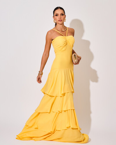 Foto Vestido Longo Crepe com Babado em Camadas Amarelo