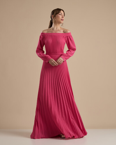Foto Vestido de Festa Longo Crepe Chiffon Plissado Ombro a Ombro Pink New
