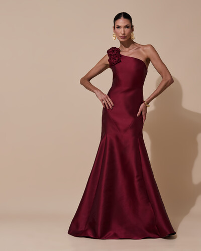 Foto Vestido de Festa Longo Zibeline um Ombro Só Flor Removível Saia Sereia Marsala Escuro
