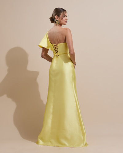 Foto Vestido de Festa Longo um Ombro Tomara que Caia Zibeline Amarelo Manteiga