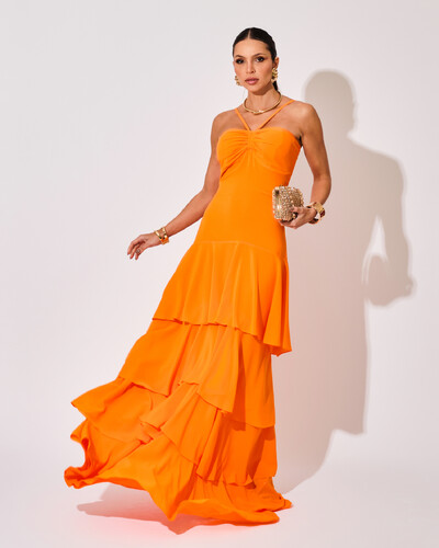 Foto Vestido Longo Crepe com Babado em Camadas Laranja