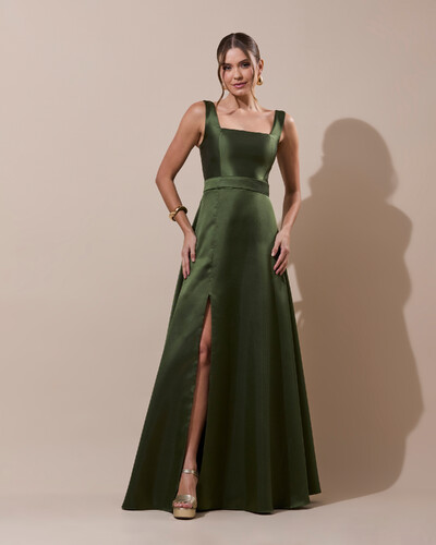 Foto Vestido de Festa Longo Zibeline com Fenda e Faixa Verde Oliva New