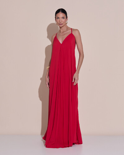 Foto Vestido de Festa Longo Plissado Crepe Chiffon Decote V Alças Finas Vermelho