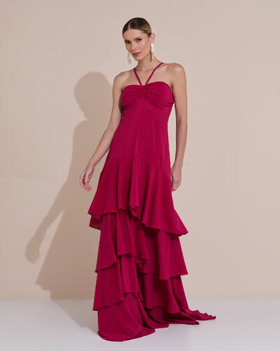 Foto Vestido Longo Crepe com Babado em Camadas Cereja