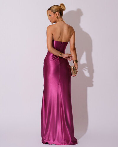 FotoVestido de Festa longo Cetim Malha Metálico Tomara que Caia Detalhe Drapeado Fúcsia