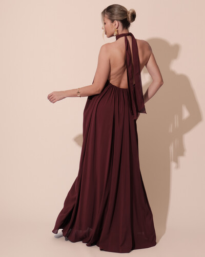 FotoVestido Longo Crepe Chiffon Frente Única Fluido Flor Removível Marsala