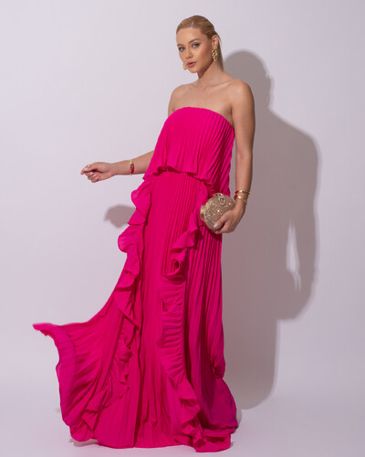 Foto Vestido de Festa Longo Crepe Chiffon Tomara que Caia Plissado com Babado Cascata Pink