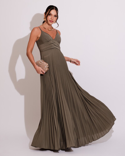 Foto Vestido de Festa Longo Plissado Crepe Chiffon com Alça Verde Oliva
