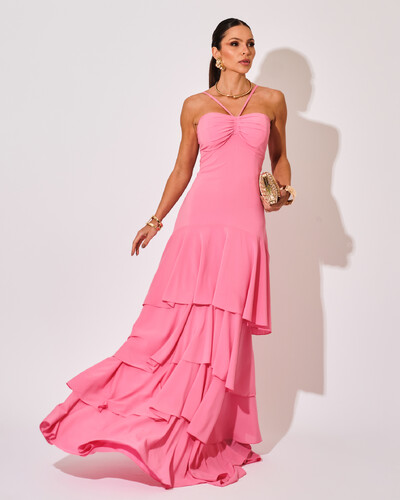 Foto Vestido Longo Crepe com Babado em Camadas Rosa