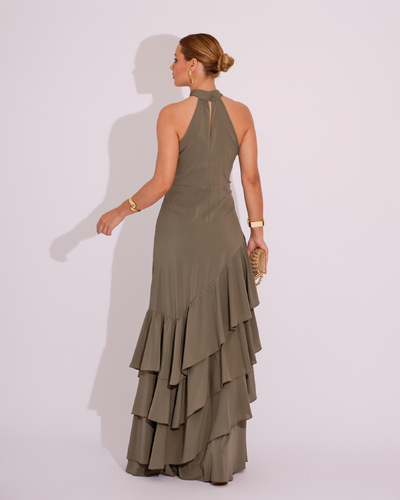 FotoVestido de Festa Longo Decote Halter com Babados Verde Oliva