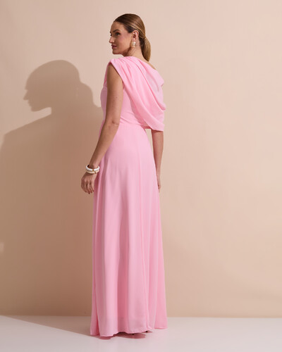 Foto Vestido de Festa Longo Um Ombro Só Crepe Chiffon Capa Drapeado Rosa Claro