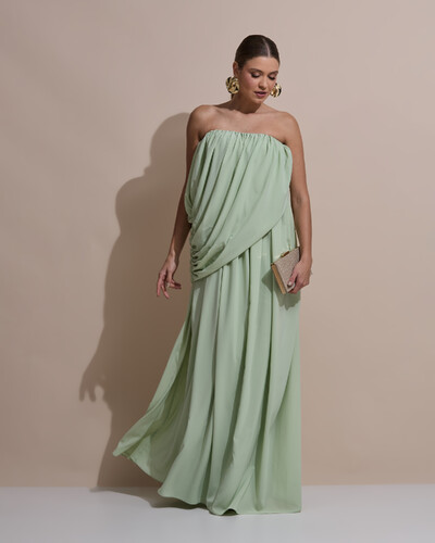 Foto Vestido de Festa Longo Tomara Que Caia Crepe Chiffon Drapeado Verde Menta New