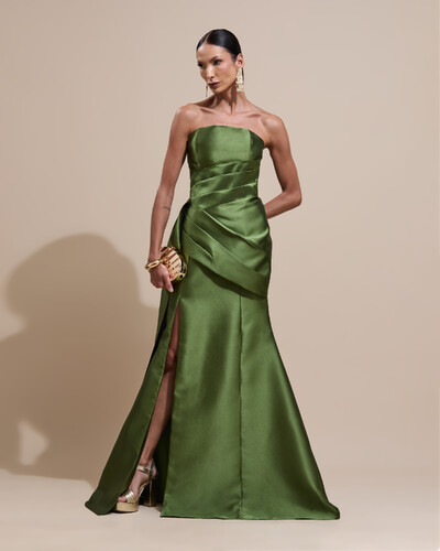 Foto Vestido de Festa Longo Tomara que Caia Zibeline Drapeado e Faixa Verde Oliva New