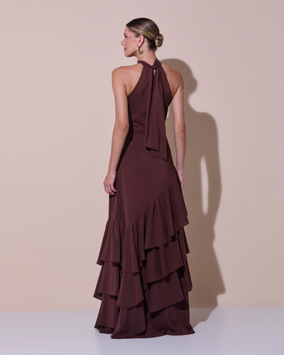 Foto Vestido de Festa Longo Chiffon Crepe Gola Alta Babados Marrom