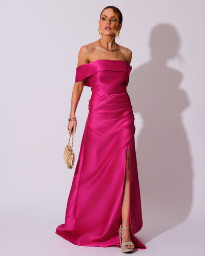 Foto Vestido de Festa Longo Zibeline Ombro a Ombro Drapeado e Fenda Pink