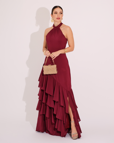 Foto Vestido de Festa Longo Decote Halter com Babados Marsala