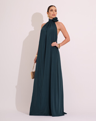 Foto Vestido Longo Crepe Chiffon Frente Única Fluido Flor Removível Verde Escuro