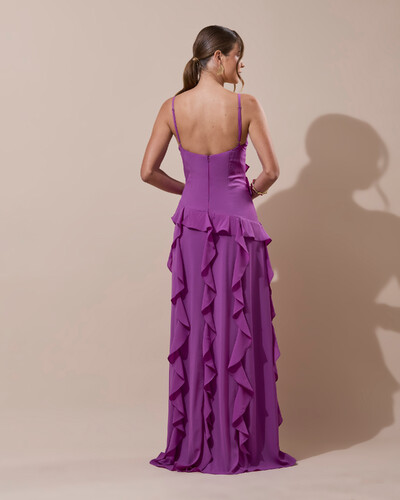Foto Vestido de Festa Longo Decote V Crepe Chiffon Babados Cascata e Fenda Fúcsia