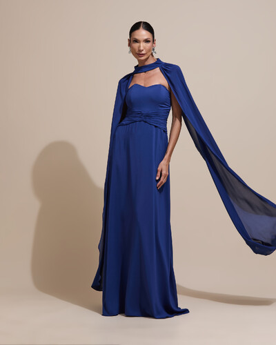 Foto Vestido de Festa Longo Tomara Que Caia Crepe Chiffon Drapeado Capa Azul Marinho