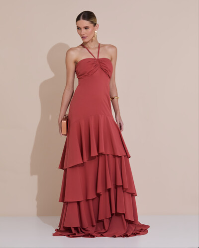 Foto Vestido Longo Crepe com Babado em Camadas Terracota
