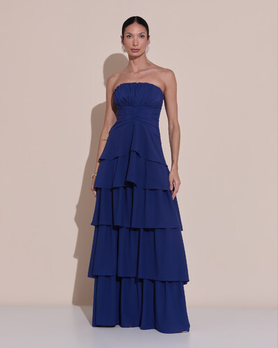 Foto Vestido de Festa Longo Tomara que Caia Drapeado Crepe Chiffon Babados Camadas Azul Marinho